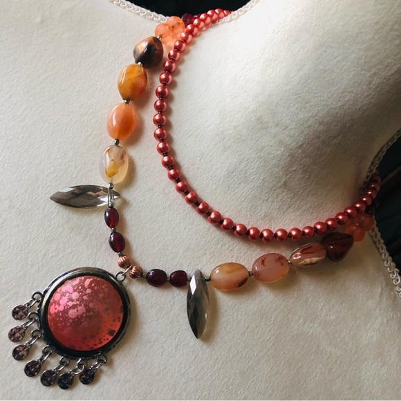 Handcrafted repurpose double strand carnelian agate Czech glass Pearl necklace